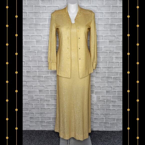 VTG 70s Gold Lurex 2 Piece Maxi Dress & Jacket Set - Picture 7 of 11